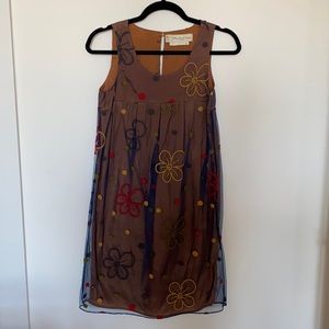 Manila Grace Brown Dress with Flower Mesh Overlay